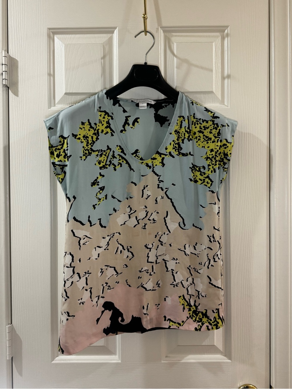 Diane Von Furstenberg Light Blue, Yellow & Black Abstract Cap Sleeve Blouse